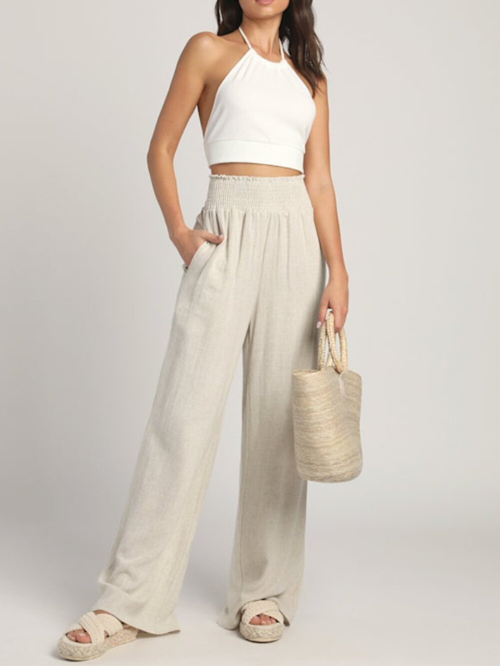Lulus Hit The Breeze Beige Smocked Wide-leg Pants - Size L